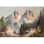 20th Century oil on canvas depicting a mountain refuge before towering peaks, possibly French