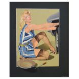Roy Gamlin - Acrylic on canvas - 1950's-style portrait of a lady changing a car wheel, signed