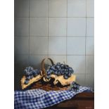 Roy Gamlin - Acrylic on canvas - Still-life with wicker basket of black grapes on a checked