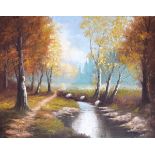 'Skaposy' (Continental School, 20th Century) - A woodland path beside a stream, autumn, signed lower