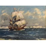 'Craddy' (20th Century) - Oil on canvas board - Maritime scene with tall masted sailing ship