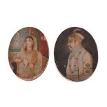 Pair of late 19th/early 20th Century Indian Mughal-style ivory miniatures of oval form with half