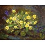 Edna Simpson (modern) - Oil on canvas - Still-life with primroses on a bank, signed lower left, 29cm
