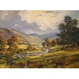Don Vaughan (Modern) - Oil on canvas - River valley with cattle watering, possibly the Howgill