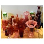 Quantity of cranberry coloured table glass and other decorative glassware