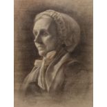 E.H. Hall - Charcoal portrait - Lady in a bonnet, monogrammed, 58.5cm x 41cm, framed and glazed