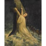 E.H Hall - Oil on board - Maiden grasping a cross in a stormy sea, unsigned, 58.5cm x 44cm