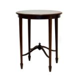 Edwardian mahogany and string inlaid circular centre table, raised on square tapered supports united