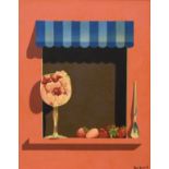 Roy Gamlin - Acrylic on canvas - Trompe l'oeil, strawberry sundae on a windowsill, signed, 49cm x