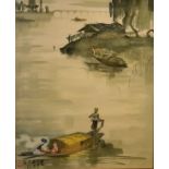20th Century Chinese School - Watercolour - Lake scene with figures on a boat, with script and