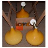 Modern Design - Set of three retro overlay (amber on white) ceiling lights, each of bulbous form,