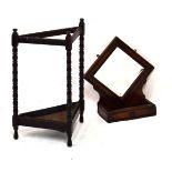 Early 20th Century oak framed triangular stick stand, together with a hall mirror with shelf below