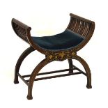 Edwardian mahogany and bone inlaid X-framed stool having blue upholstered seat, 56cm wide