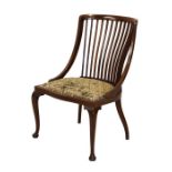 Edwardian mahogany and string inlaid salon chair having upholstered seat, raised on cabriole