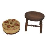 Rustic beech and elm seat milking stool, 29cm high, together with a Victorian mahogany circular