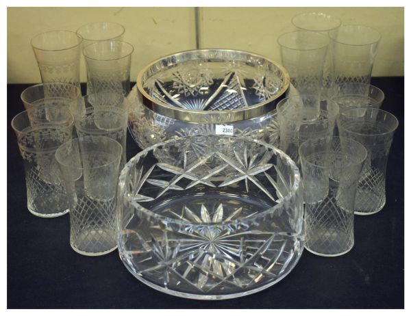 Assorted glassware to include; cut lead crystal glass fruit or salad bowl with hallmarked silver
