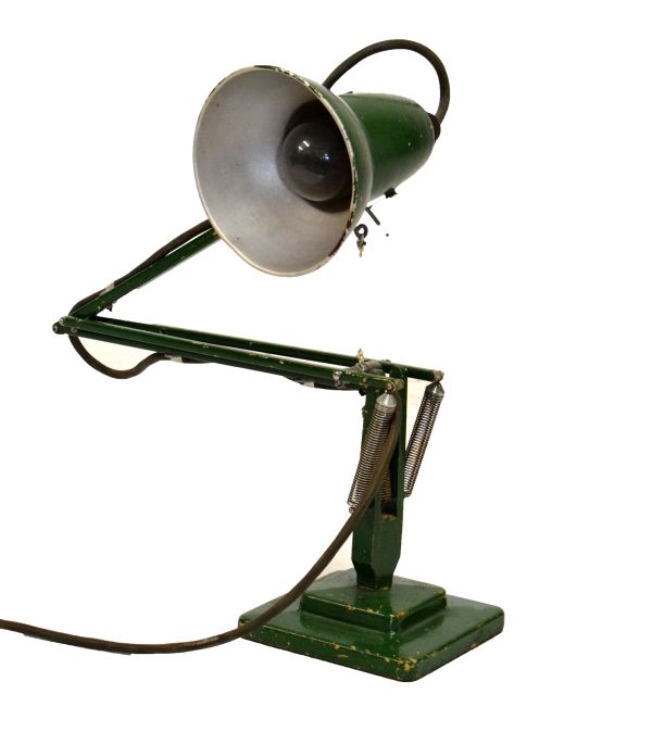 Vintage Anglepoise-style green painted desk lamp with stepped square base