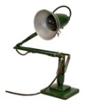 Vintage Anglepoise-style green painted desk lamp with stepped square base