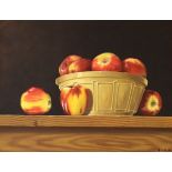 Roy Gamlin - Acrylic on canvas - Still life, apples in a ceramic mixing bowl, signed, 39cm x 49cm in