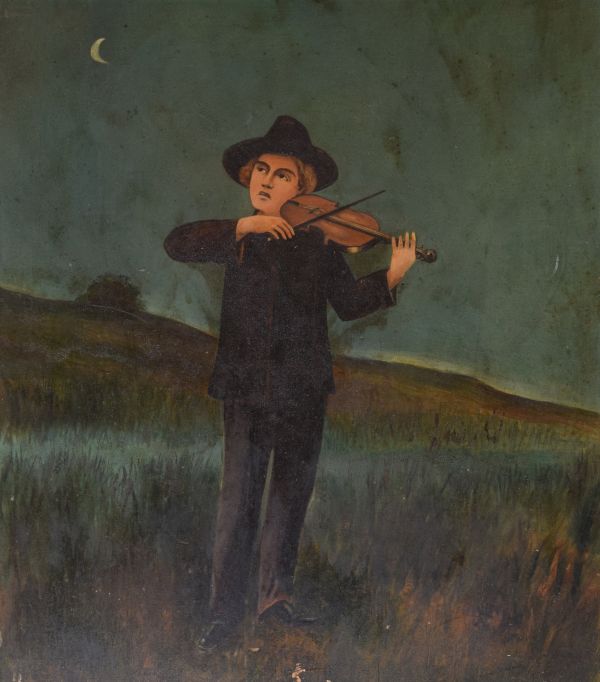 E.H. Hall - Oil on board - Full length portrait of a fiddle player looking towards a crescent