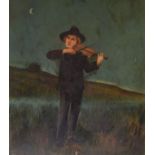 E.H. Hall - Oil on board - Full length portrait of a fiddle player looking towards a crescent