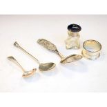 Various silver items to include; George V seal top spoon, Chester 1910, George VI napkin ring