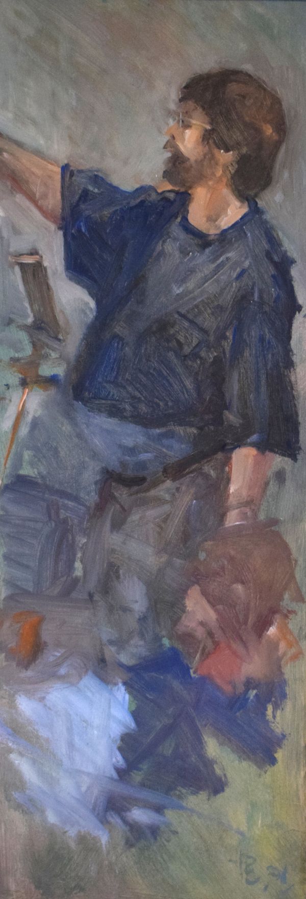 Paul Banning - Oil on board - Tom Coates at work, signed with initials, 56cm x 19.5cm, framed