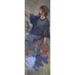 Paul Banning - Oil on board - Tom Coates at work, signed with initials, 56cm x 19.5cm, framed