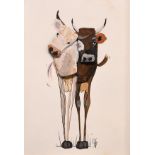 20th Century Swiss School - Mixed media - Cow and bull stood side-by-side, within a rustic pine