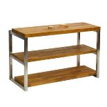 Contemporary brushed steel and oak three tier media stand, 100cm wide x 44cm