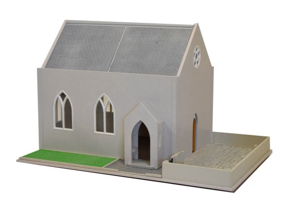 Large contemporary wooden model of a church measures 56cm x 96cm x 49cm