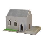 Large contemporary wooden model of a church measures 56cm x 96cm x 49cm