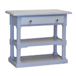 Contemporary blue painted softwood dresser fitted one frieze drawer above two shelves, raised on