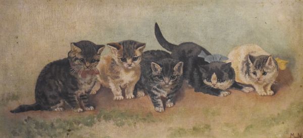 Early 20th Century oil on canvas - Five kittens wearing ribbons, monogrammed M.N, within a carved