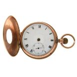 9ct gold half hunter-cased pocket watch, white Roman dial with subsidiary at VI, top-wound movement,