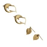 Two pairs of earrings comprising: a pair of 9ct gold leaf drops and a pair of yellow metal dolphin