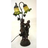 Reproduction bronzed figural table lamp modelled as two young ladies arm-in-arm beneath two tinted