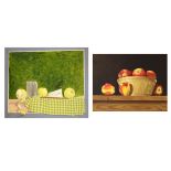 Roy Gamlin - Acrylic on canvas - Two still lives, apples in a ceramic mixing bowl, 39cm x 49cm,