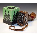 Minolta Autocord 6x6 twin lens camera in original brown hide case with original card box