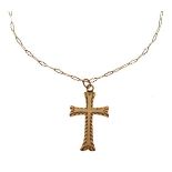 9ct gold cross pendant, together with an unmarked yellow metal fine chain, 3.1g gross approx