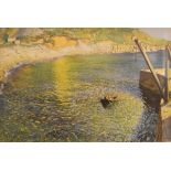 Coloured photographic print after Dame Laura Knight, 'Lamorna Cove', Frost & Reed label verso,