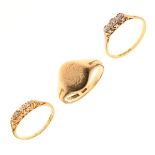 Three various rings comprising: yellow metal and three-stone diamond dress ring stamped 18ct Plat,