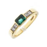 18ct gold, emerald and diamond ring set central emerald between two pairs of square-cut diamond