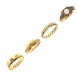 Four various 18ct gold and unmarked yellow metal rings, to include; an opal-set example, various