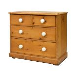 Victorian stripped pine chest of two short over two long drawers, 92cm wide