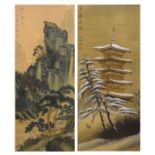 Two 20th Century Chinese silk pictures depicting a pagoda in winter and figures in a riverside