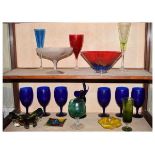 Quantity of coloured ornamental glass and six Bristol Blue type goblets