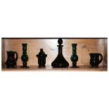 Quantity of Thomas Webb green glass comprising: pair of candlesticks, ships decanter, jug, tankard