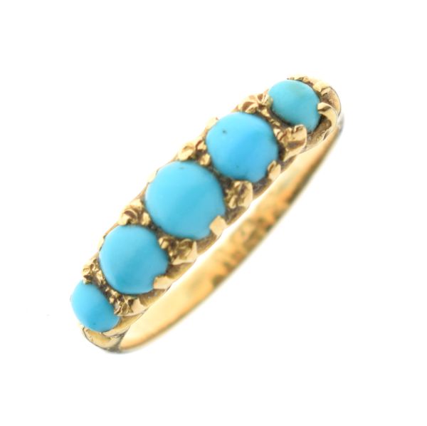 18ct gold and turquoise dress ring set five graduated cabochons, size K, 2.2g gross approx