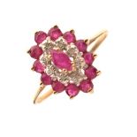 9ct gold, ruby and diamond dress ring set central faceted navette-shaped ruby within eight small
